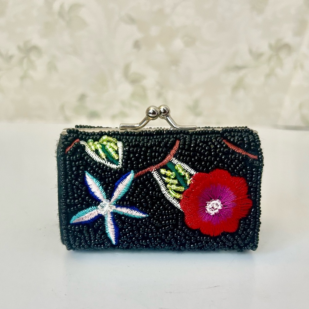 Purva Black Beaded Embroidery Mini Trinket Purse Lipstick/ Coin Carrier